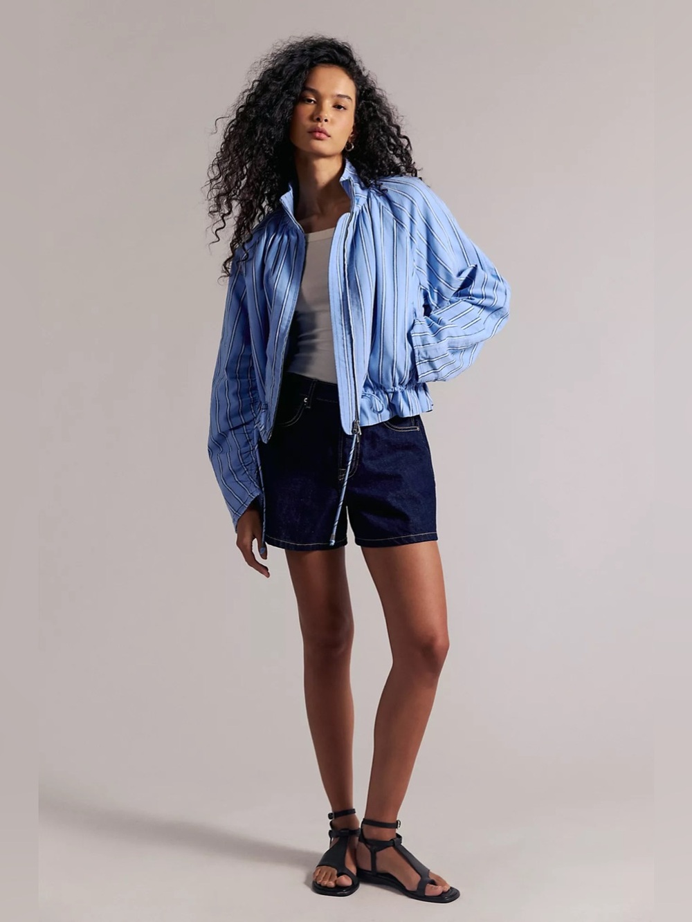 Free People Devon Striped Balloon Funnel-Neck Jacket Blue - Picture 2 of 8
